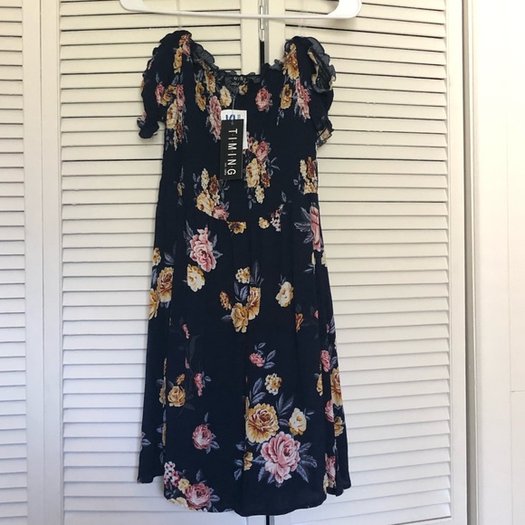 Timing Dresses & Skirts - NWT Off the Shoulder Floral Dress, Navy Blue